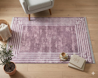 Pink Vintage Geometric Border Area Rug – Washable Pastel Living Room Carpet