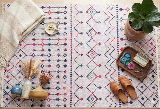 Boho Moroccan Area Rug – Colorful Tribal Geometric Carpet, Washable Bohemian Living Room