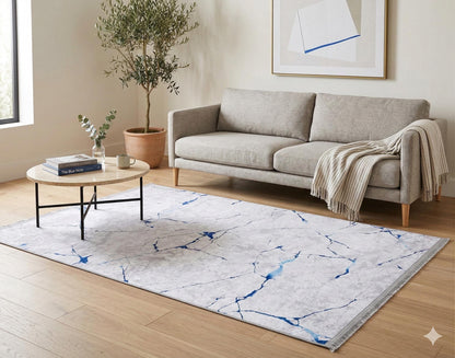 Modern Marble Area Rug – Blue Vein Abstract Carpet, Contemporary Living Room Floor Rug