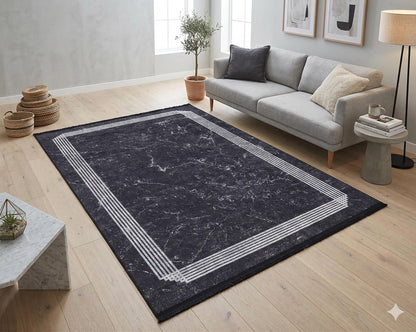 Modern Black Marble Area Rug, Minimalist Geometric Border Carpet, Contemporary Living Room Floor Rug