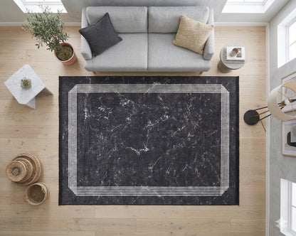 Modern Black Marble Area Rug, Minimalist Geometric Border Carpet, Contemporary Living Room Floor Rug