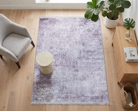 Distressed Lavender Area Rug – Modern Boho Washable Carpet, Soft Purple Living Room Accent