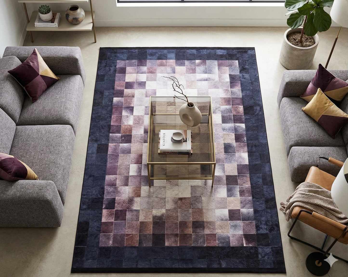 Modern Patchwork Area Rug – Geometric Mosaic Living Room Carpet, Neutral Mauve Beige Floor Rug