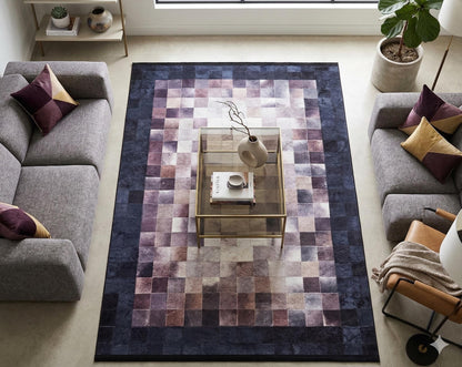 Modern Patchwork Area Rug – Geometric Mosaic Living Room Carpet, Neutral Mauve Beige Floor Rug