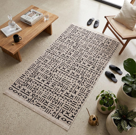 Mudcloth Tribal Area Rug, Black Ivory Fringe, Modern Scandinavian Carpet