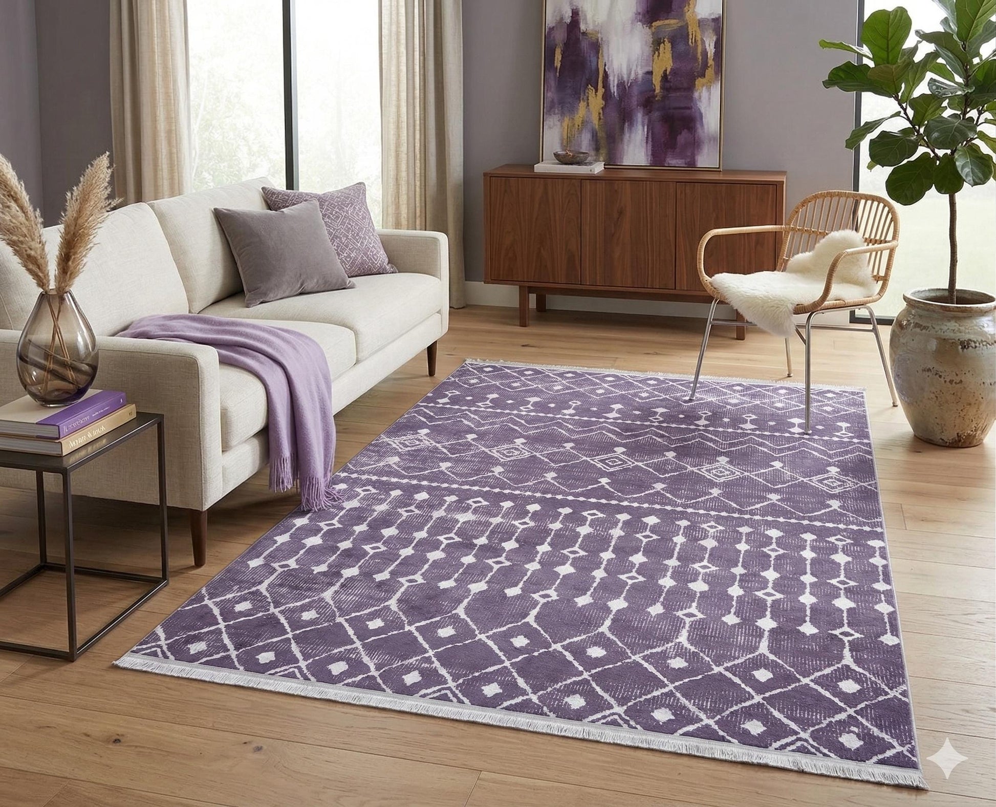 Purple Geometric Tribal Moroccan Style Rug, Scandinavian Living Room Carpet
