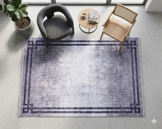 Distressed Gray Area Rug, Vintage Style Geometric Border Carpet, Minimalist Living Room Rug