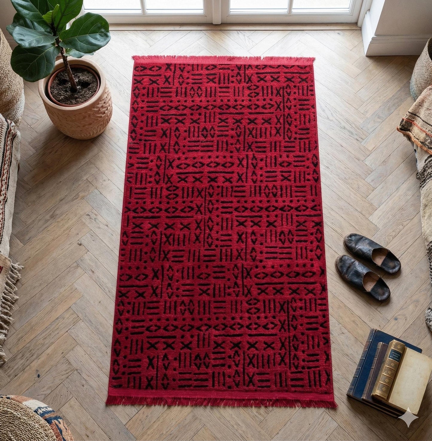 Red Geometric Tribal Area Rug, Boho Ethnic Living Room Carpet
