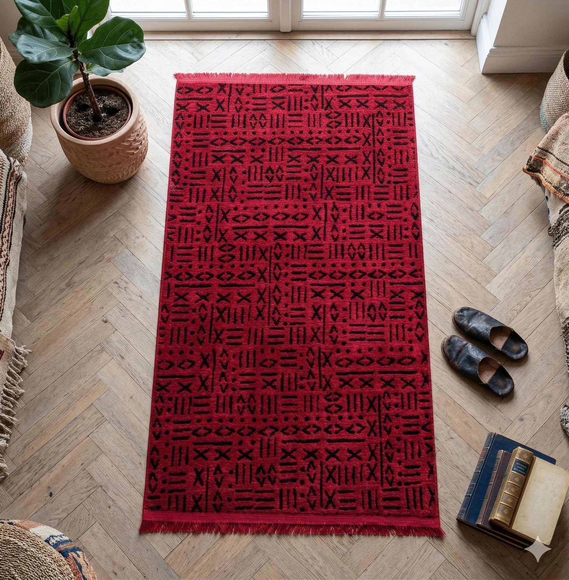 Red Geometric Tribal Area Rug, Boho Ethnic Living Room Carpet