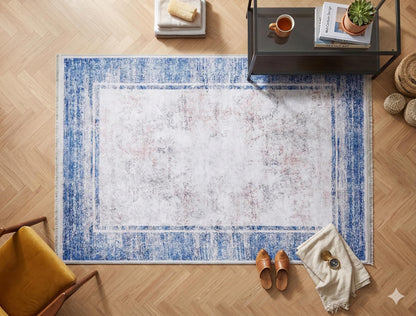 Distressed Blue Border Area Rug, Minimalist Scandinavian Living Room Carpet