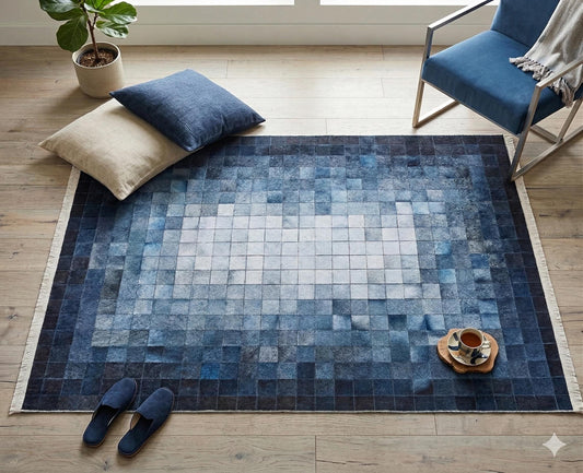 Blue Gradient Pixel Rug, Modern Geometric Washable Carpet (Non Slip)