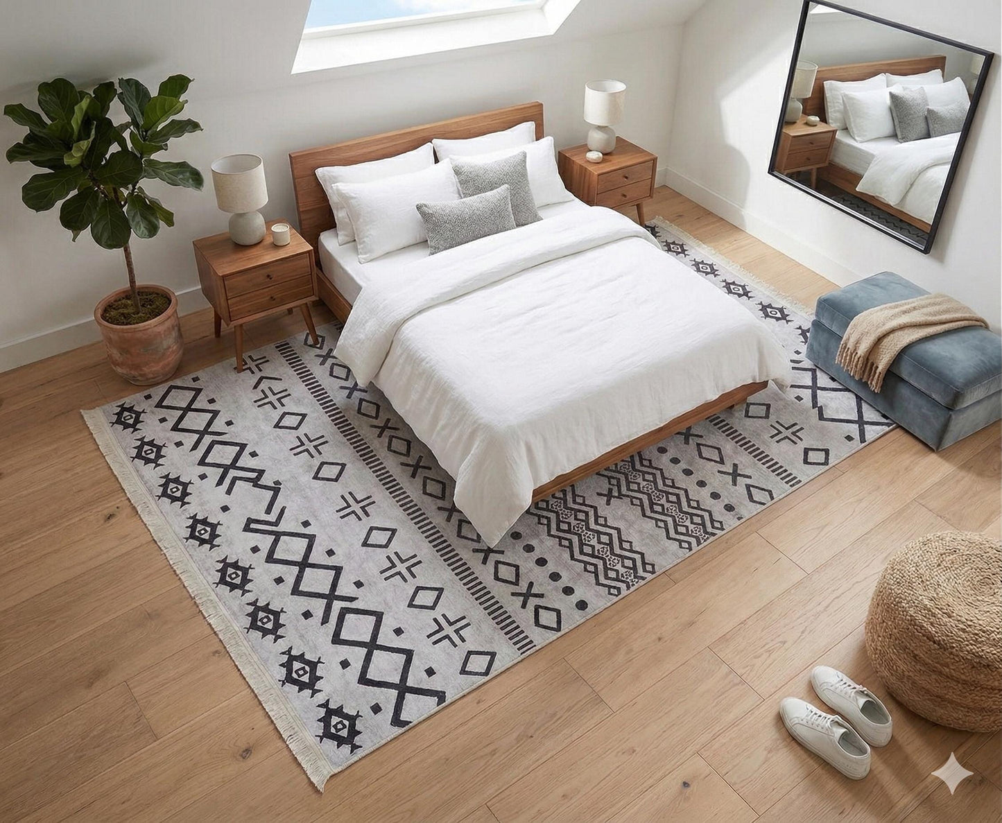 Washable Boho Geometric Rug, Scandinavian Tribal Carpet, Black Ivory Nordic Area Rug