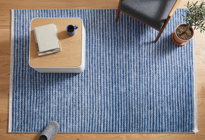 Washable Blue Striped Area Rug, Modern Scandinavian Carpet, Farmhouse Bedroom Mat