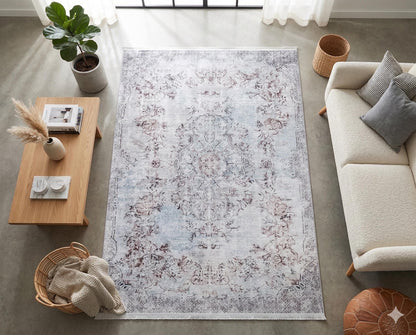 Distressed Oriental Area Rug, Blue Beige Living Room Carpet (Machine Washable)