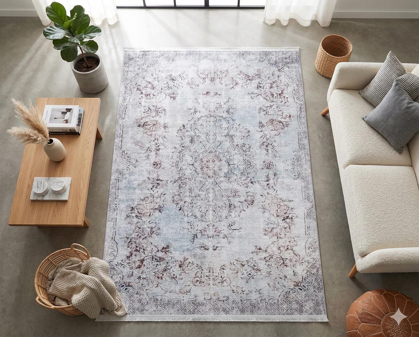Distressed Oriental Area Rug, Blue Beige Living Room Carpet (Machine Washable)