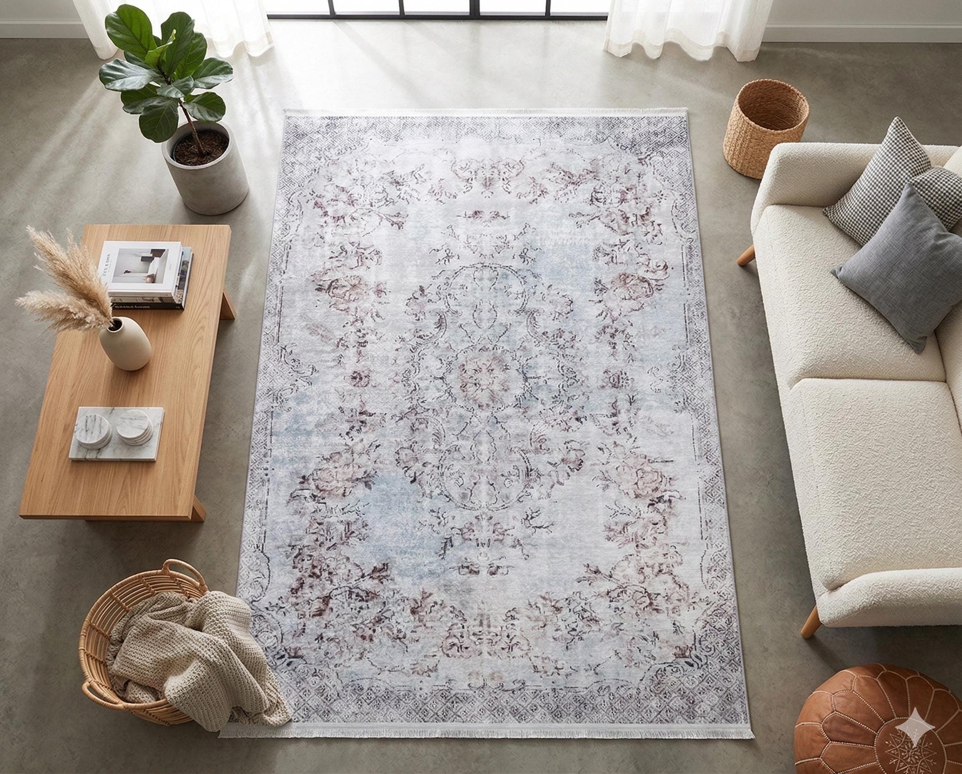 Distressed Oriental Area Rug, Blue Beige Living Room Carpet (Machine Washable)
