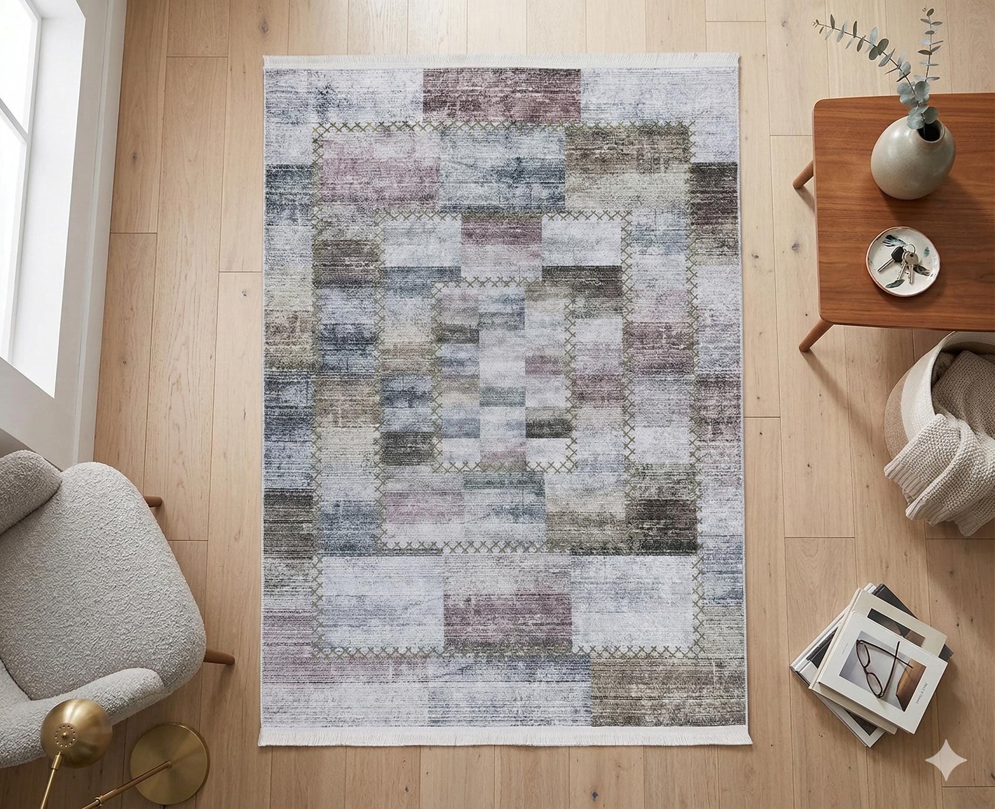 Washable Patchwork Area Rug – Distressed Geometric Carpet, Neutral Boho Living Room Home Decor