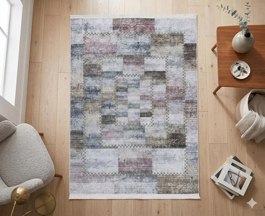 Washable Patchwork Area Rug – Distressed Geometric Carpet, Neutral Boho Living Room Home Decor