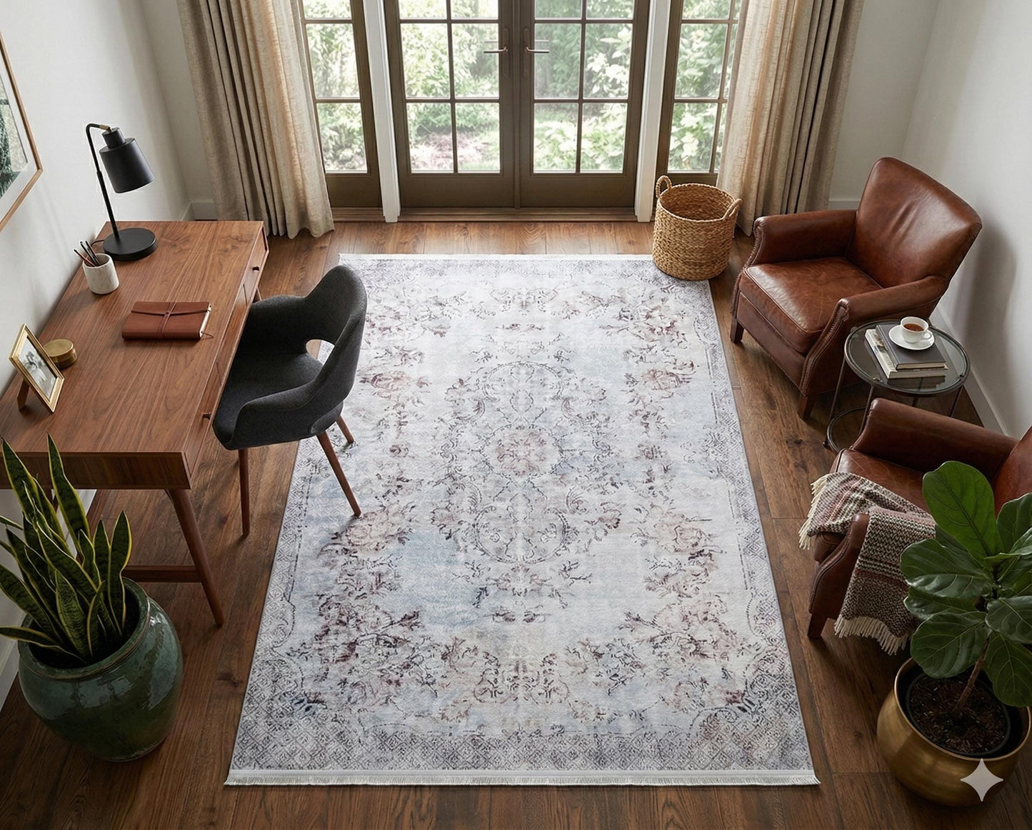 Distressed Oriental Area Rug, Blue Beige Living Room Carpet (Machine Washable)