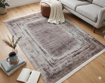 Washable Distressed Vintage Area Rug, Beige Brown Frame, Modern Farmhouse Living Room