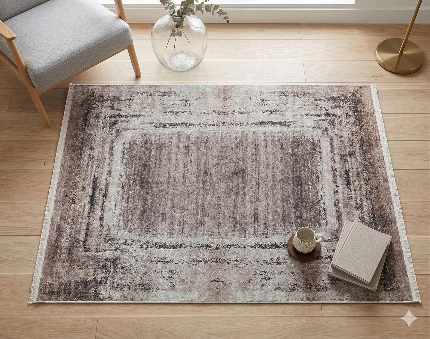 Washable Distressed Vintage Area Rug, Beige Brown Frame, Modern Farmhouse Living Room