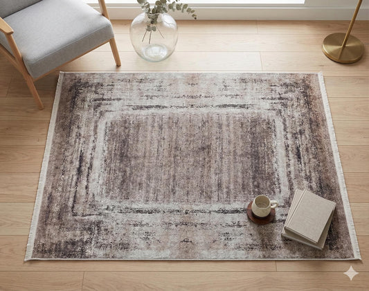 Washable Distressed Vintage Area Rug, Beige Brown Frame, Modern Farmhouse Living Room