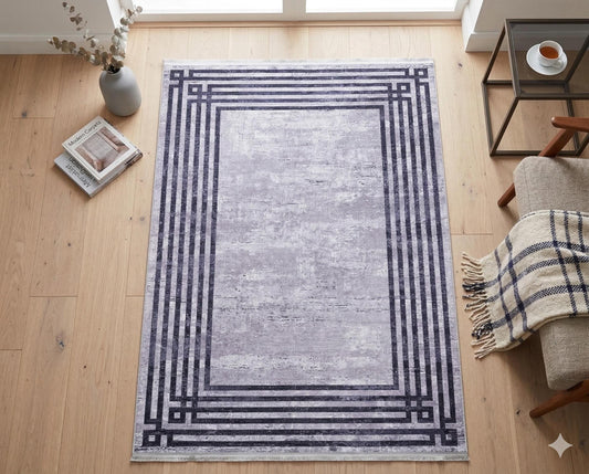 Modern Geometric Area Rug, Grey Black Border Living Room Carpet, Washable Floor Mat