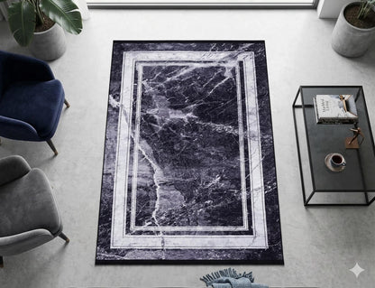 Modern Black Marble Area Rug, Dark Grey Stone Pattern Carpet, Minimalist Border Rug