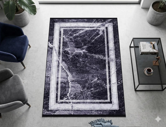 Modern Black Marble Area Rug, Dark Grey Stone Pattern Carpet, Minimalist Border Rug