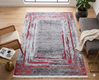 Modern Distressed Area Rug – Grey Crimson Abstract Carpet, Low Pile Non-Slip Floor Decor