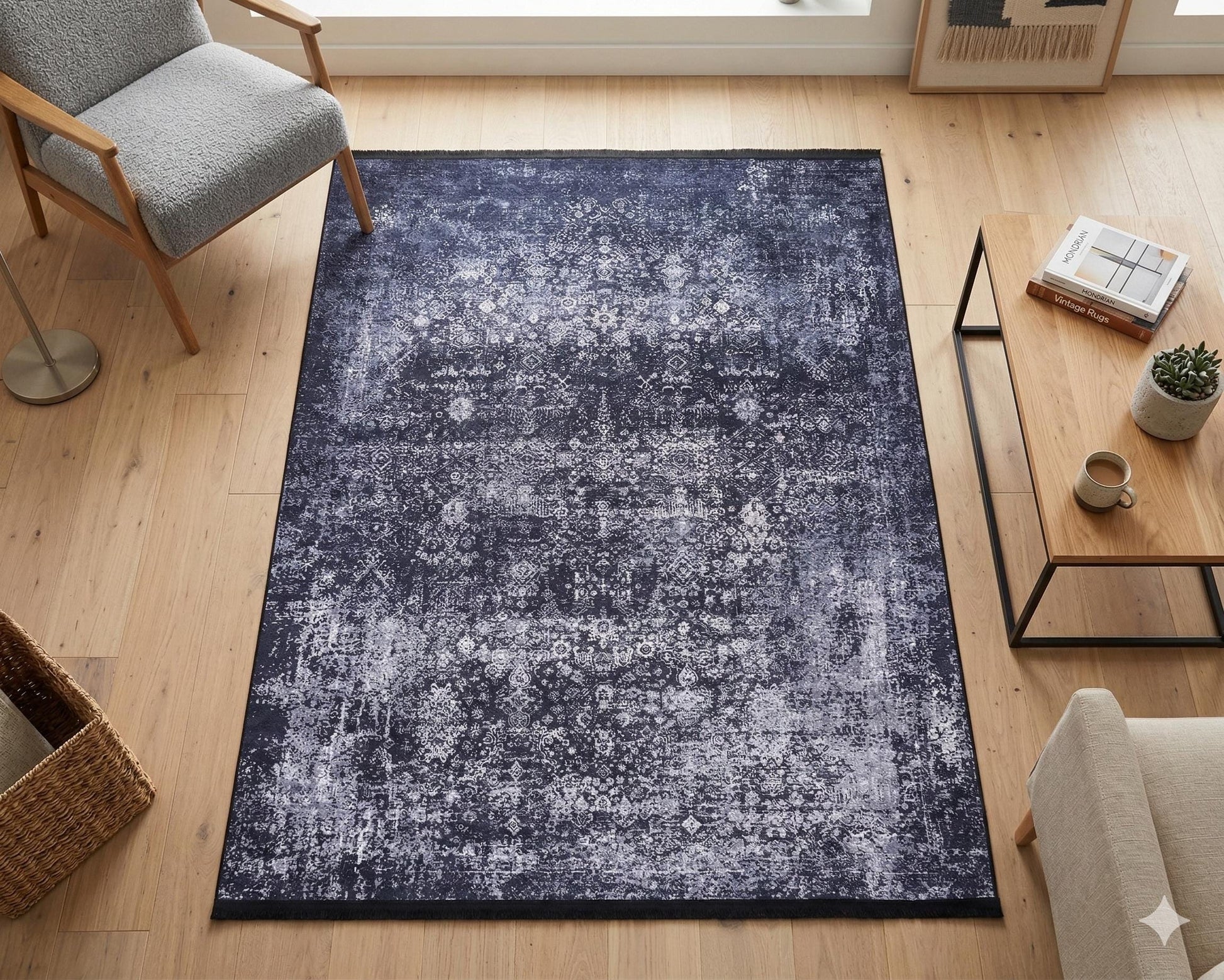 Distressed Navy Medallion Area Rug, Vintage Boho Faded Carpet, Non-Slip Living Room Runner