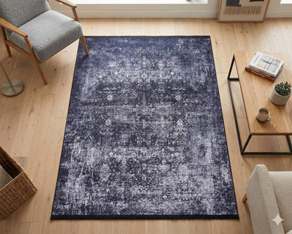 Distressed Navy Medallion Area Rug, Vintage Boho Faded Carpet, Non-Slip Living Room Runner