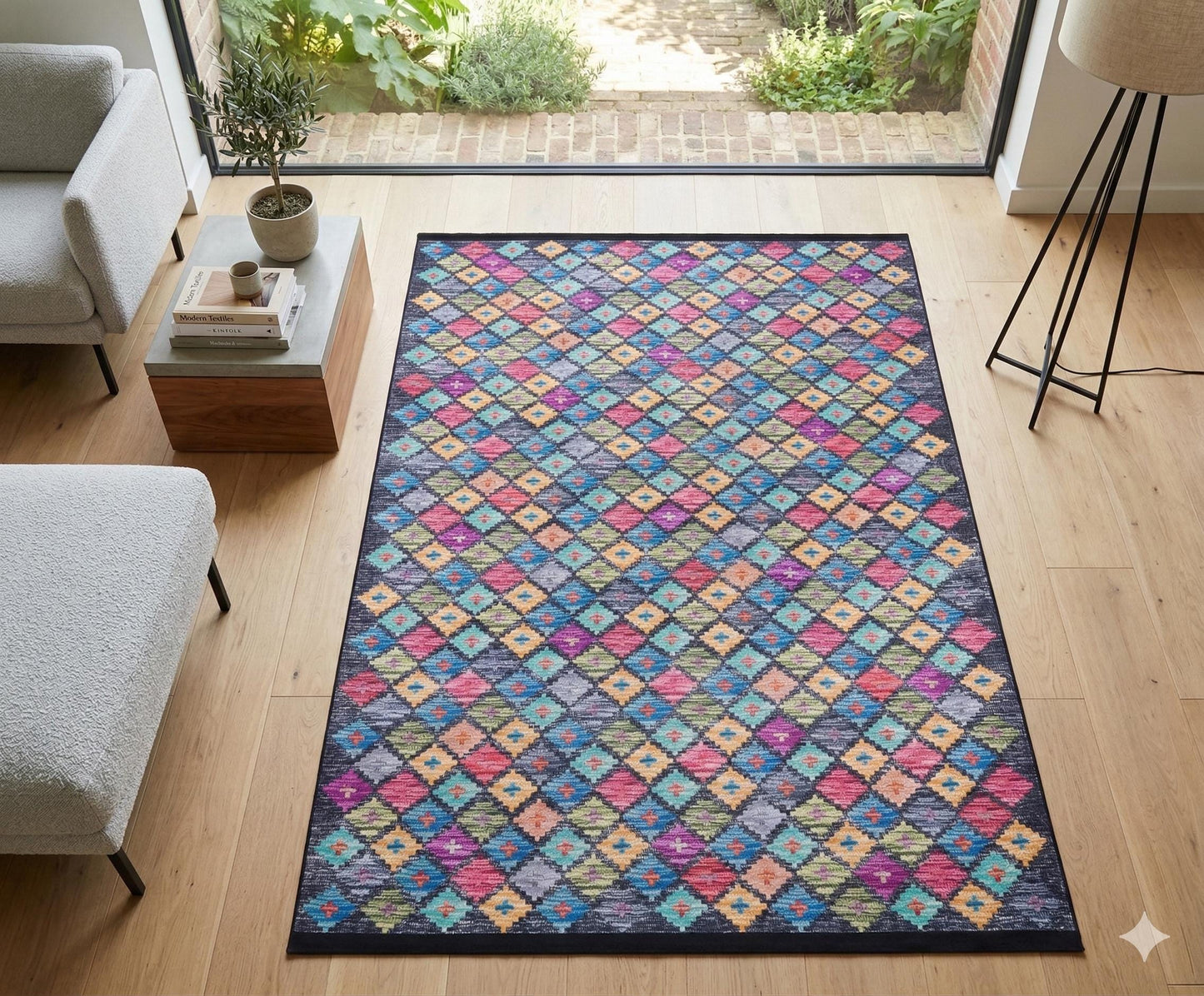 Washable Geometric Diamond Area Rug – Vibrant Boho Flatweave Carpet