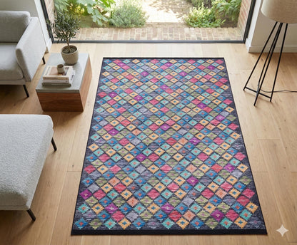 Washable Geometric Diamond Area Rug – Vibrant Boho Flatweave Carpet