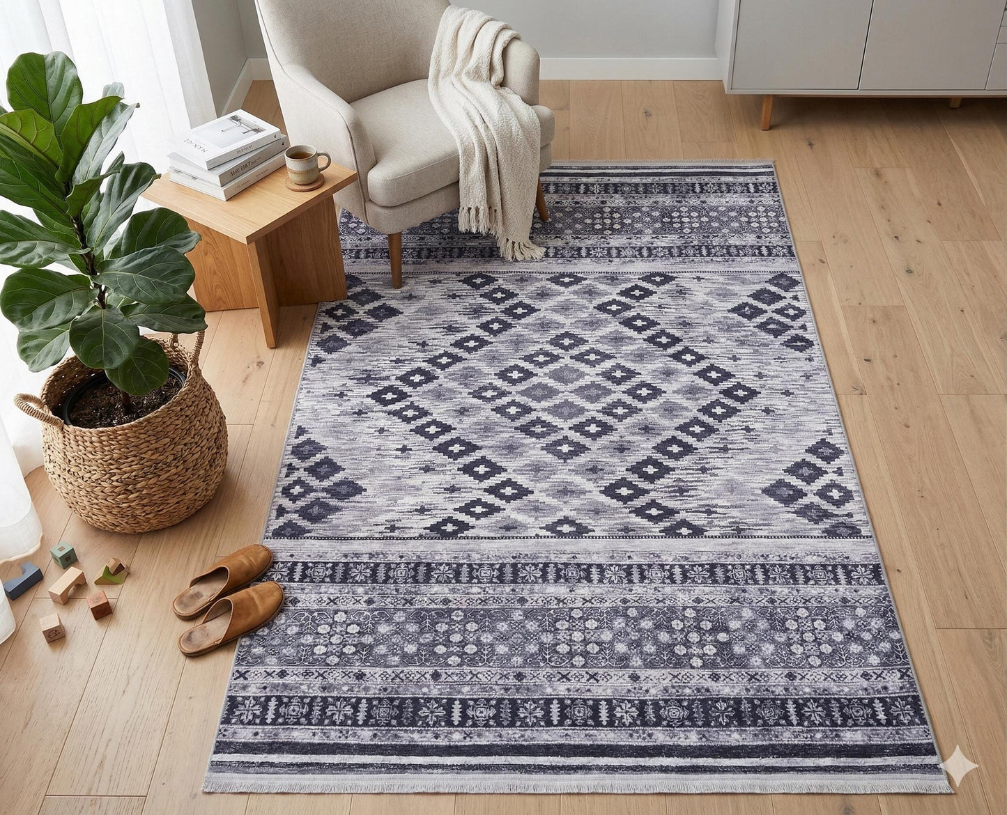 Washable Boho Tribal Rug – Distressed Kilim Style Living Room Carpet