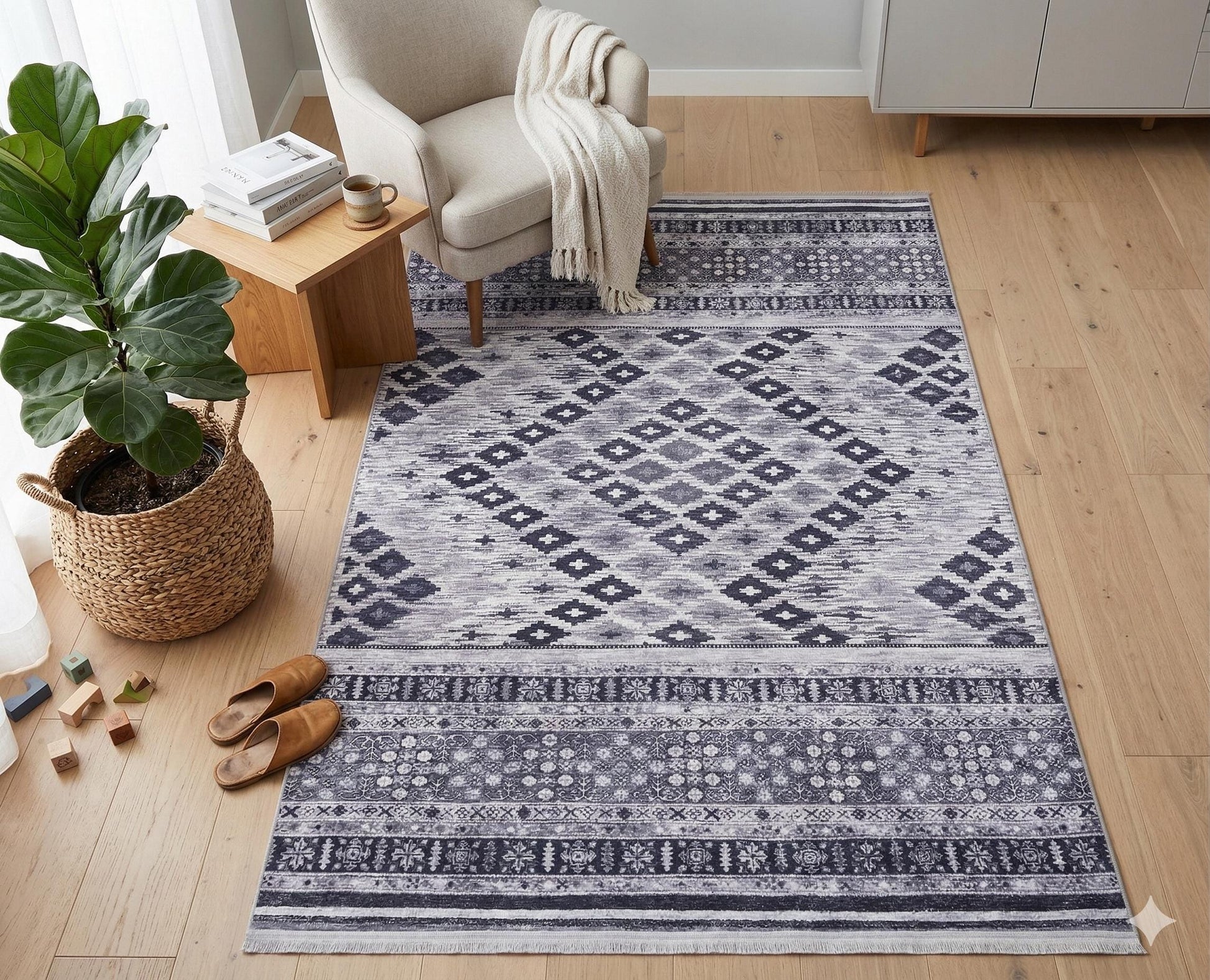 Washable Boho Tribal Rug – Distressed Kilim Style Living Room Carpet