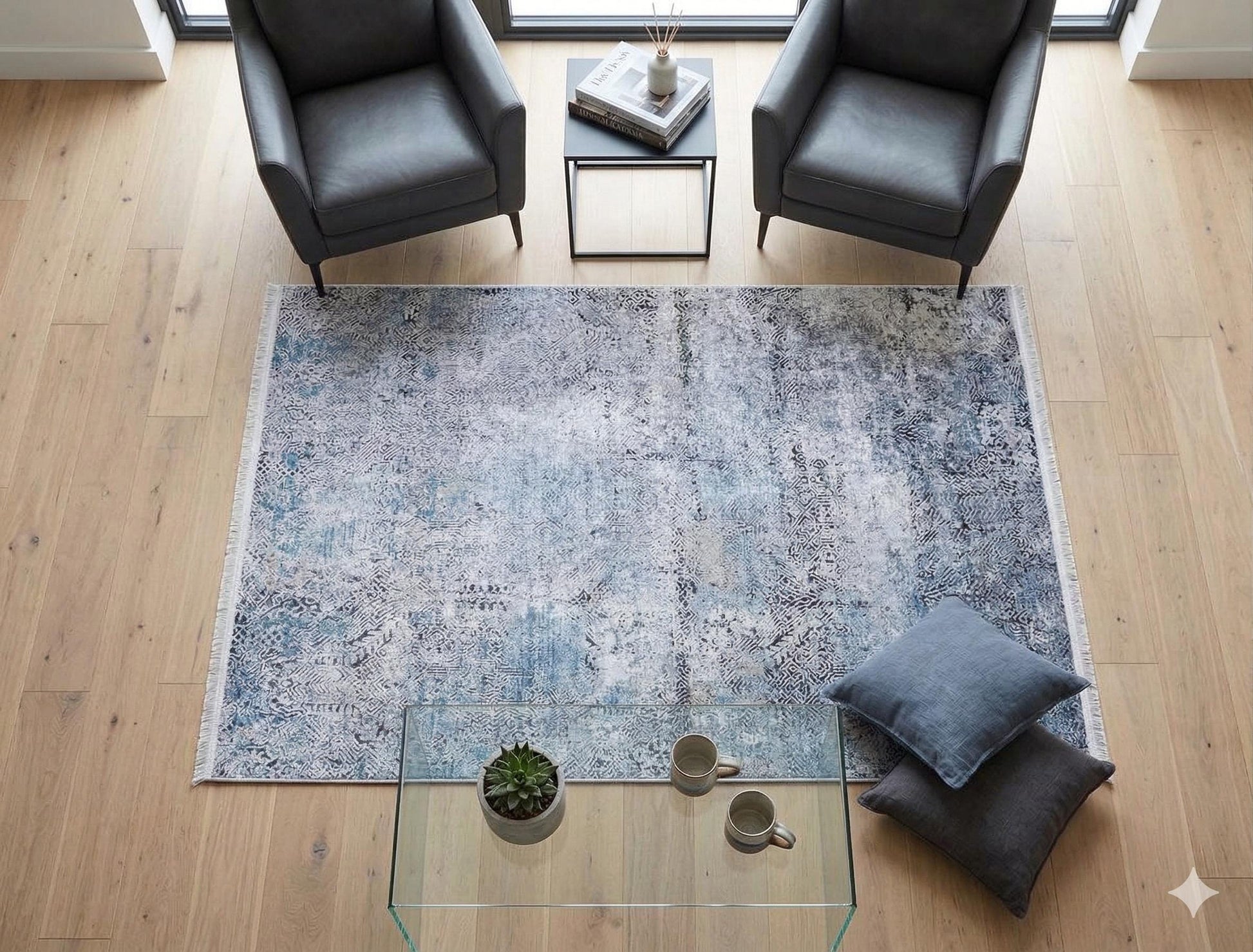Distressed Blue Silver Abstract Area Rug, Modern Boho Faded Living Room Carpet