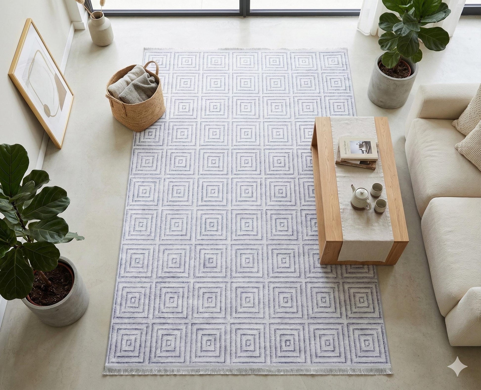 Washable Geometric Squares Area Rug, Modern Minimalist Low Pile Carpet