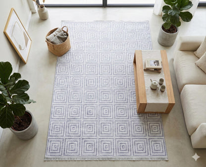 Washable Geometric Squares Area Rug, Modern Minimalist Low Pile Carpet