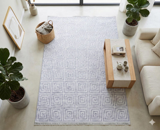 Washable Geometric Squares Area Rug, Modern Minimalist Low Pile Carpet