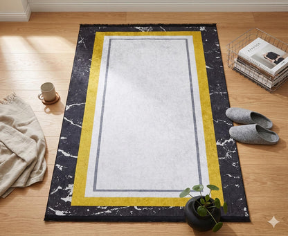 Modern Marble Geometric Area Rug – Black, Yellow, White Abstract Carpet