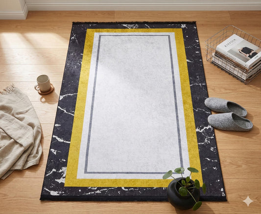 Modern Marble Geometric Area Rug – Black, Yellow, White Abstract Carpet
