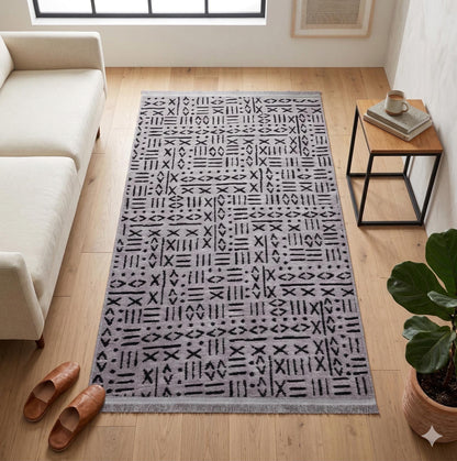 Modern Tribal Mudcloth Area Rug – Gray Black Geometric Boho Carpet