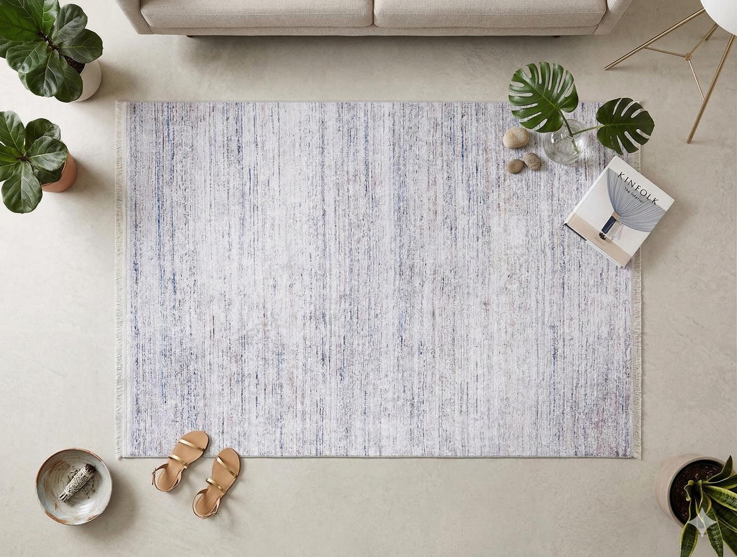 Distressed Linear Abstract Area Rug – Blue White Minimalist Carpet, Washable Non-Shedding
