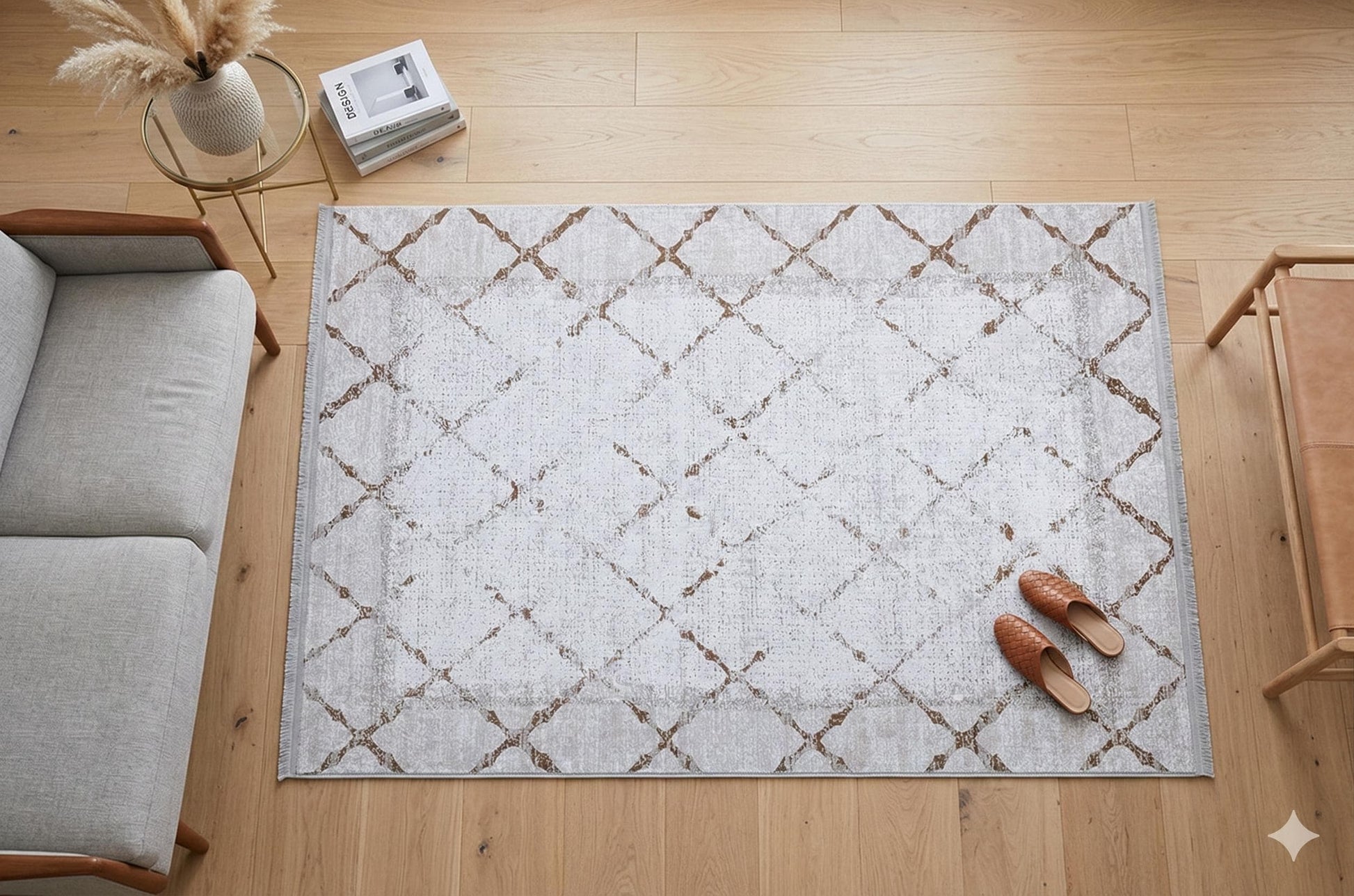Distressed Trellis Area Rug, Washable Boho Scandi Decor Carpet