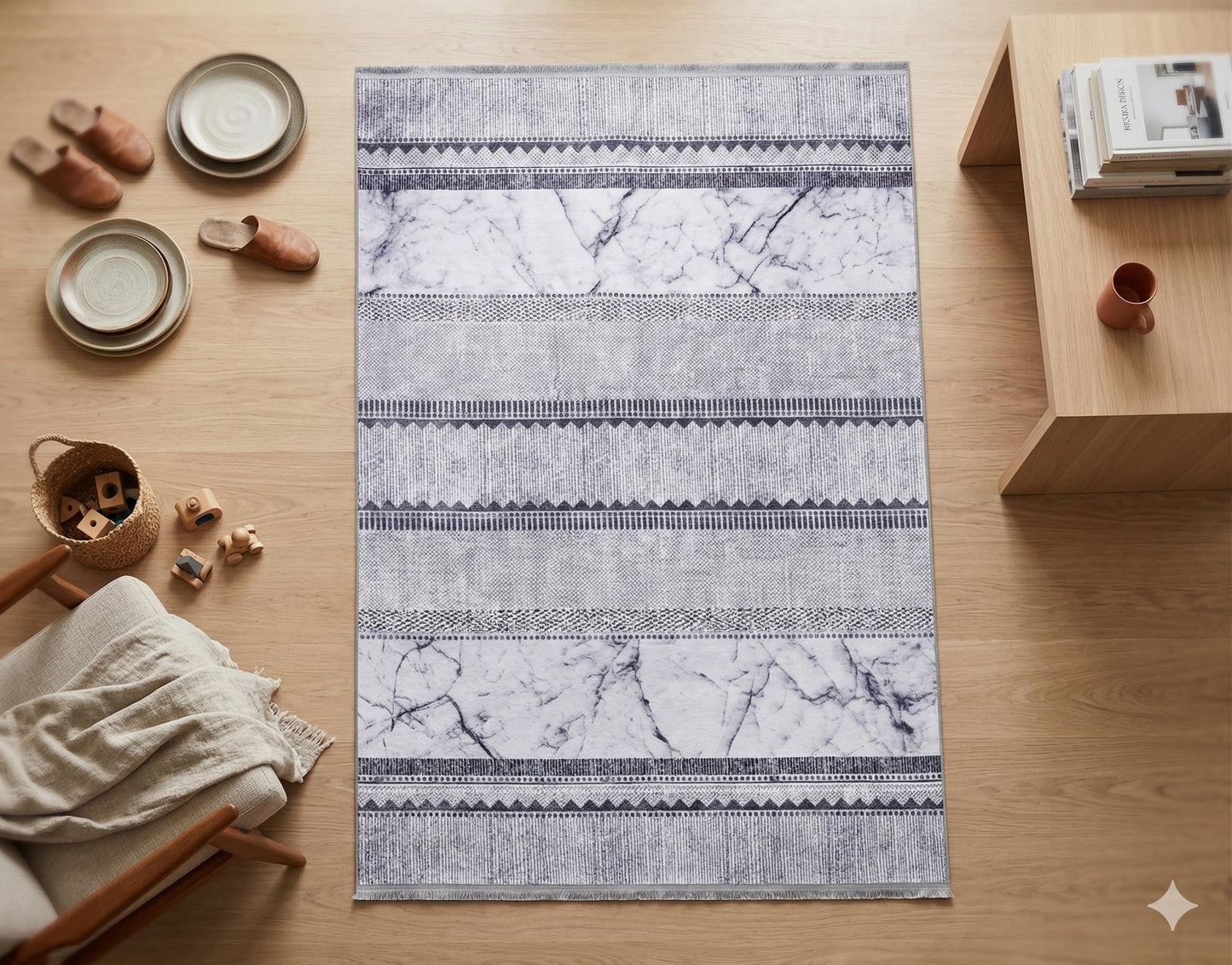 Blue Marble Striped Area Rug, Modern Abstract Coastal Living Room Mat