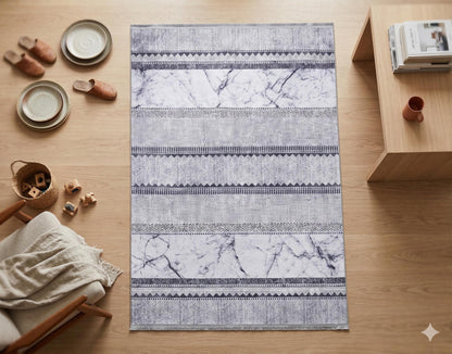 Blue Marble Striped Area Rug, Modern Abstract Coastal Living Room Mat