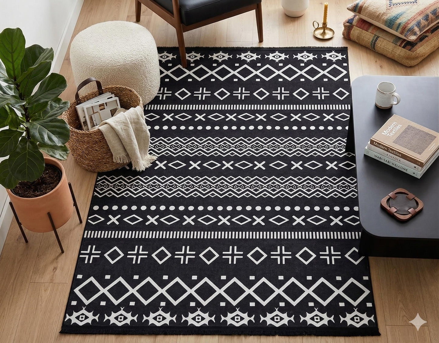 Black White Tribal Geometric Rug, Modern Boho Living Room Carpet, Washable Ethnic Pattern Decor