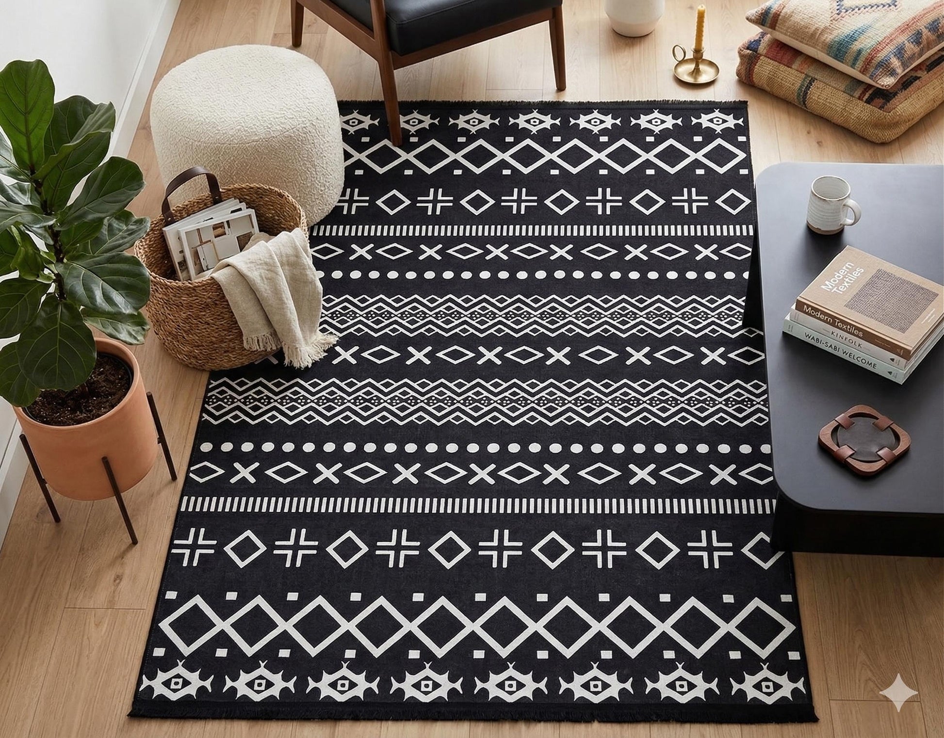 Black White Tribal Geometric Rug, Modern Boho Living Room Carpet, Washable Ethnic Pattern Decor
