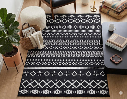 Black White Tribal Geometric Rug, Modern Boho Living Room Carpet, Washable Ethnic Pattern Decor
